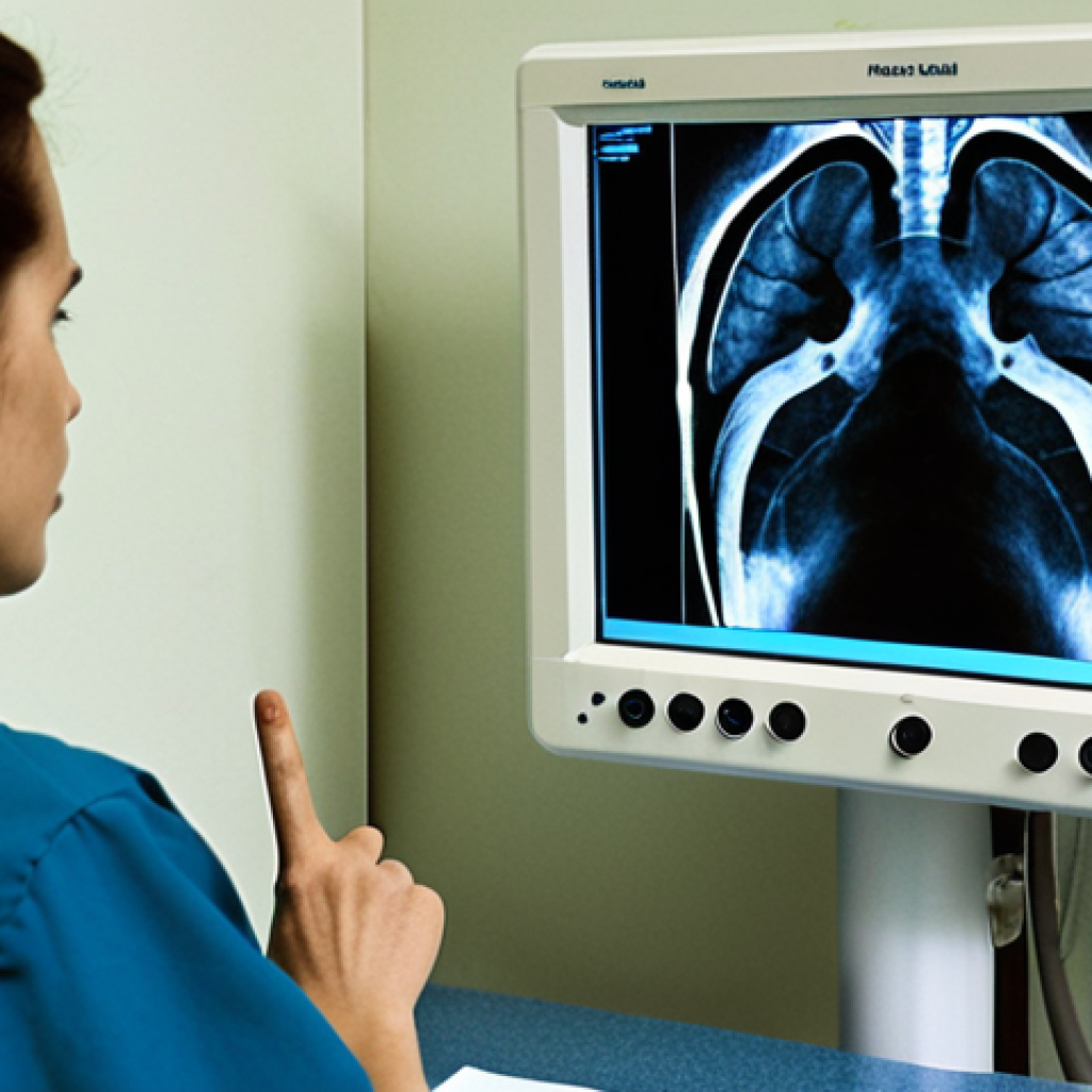 **

A dimly lit radiography room in a Russian hospital. A radiologist, looking concerned, points to a subtle opacity on a chest X-ray displayed on a digital monitor. In the background, an older film X-ray is also mounted on a light box for comparison. The atmosphere should convey the importance of careful image analysis to avoid diagnostic errors. Focus on the tension of the moment when a subtle detail is crucial. Style: Realistic, slightly gritty.

**