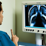 **

A dimly lit radiography room in a Russian hospital. A radiologist, looking concerned, points to a subtle opacity on a chest X-ray displayed on a digital monitor. In the background, an older film X-ray is also mounted on a light box for comparison. The atmosphere should convey the importance of careful image analysis to avoid diagnostic errors. Focus on the tension of the moment when a subtle detail is crucial. Style: Realistic, slightly gritty.

**
