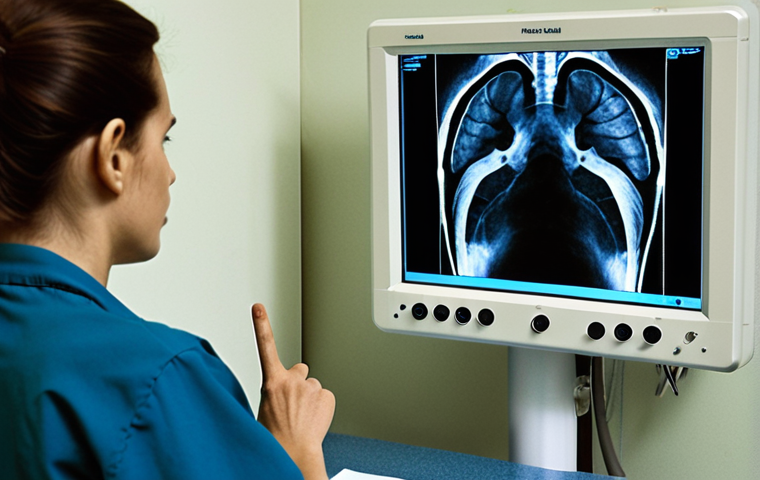 **
A dimly lit radiography room in a Russian hospital. A radiologist, looking concerned, points to a subtle opacity on a chest X-ray displayed on a digital monitor. In the background, an older film X-ray is also mounted on a light box for comparison. The atmosphere should convey the importance of careful image analysis to avoid diagnostic errors. Focus on the tension of the moment when a subtle detail is crucial. Style: Realistic, slightly gritty.
**