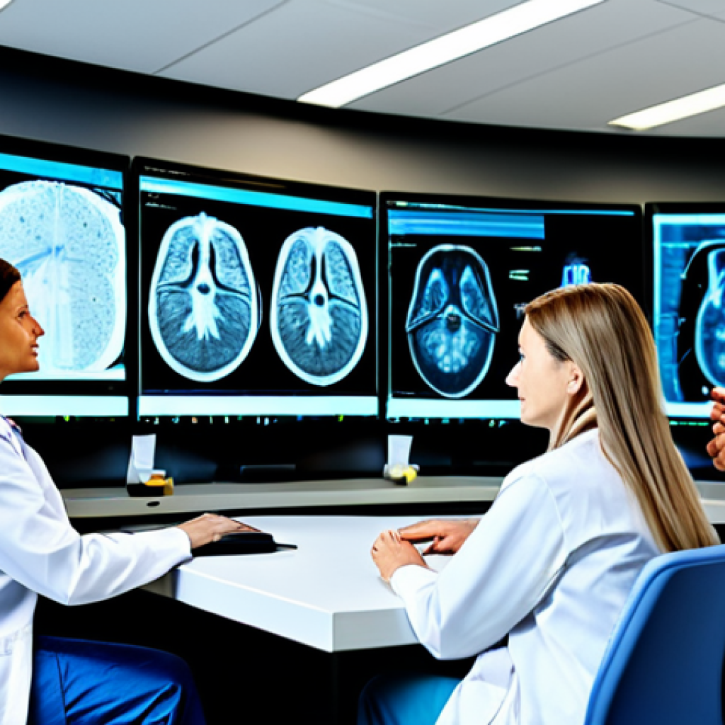 AI in Radiology**
"A team of doctors, fully clothed in professional attire, discussing a medical scan displayed on a large monitor. The scan is enhanced with AI visualizations highlighting areas of interest. Modern hospital setting, bright lighting, showcasing collaboration and technological advancement. Safe for work, appropriate content, fully clothed, professional."
**
