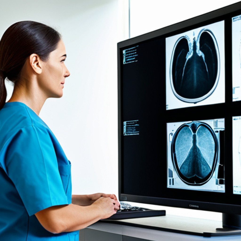 **
"A professional female radiologist in a modern, brightly lit hospital examination room, reviewing a digital X-ray image on a large monitor, fully clothed in scrubs, appropriate attire, safe for work, perfect anatomy, natural proportions, professional photograph, high quality, family-friendly."
**