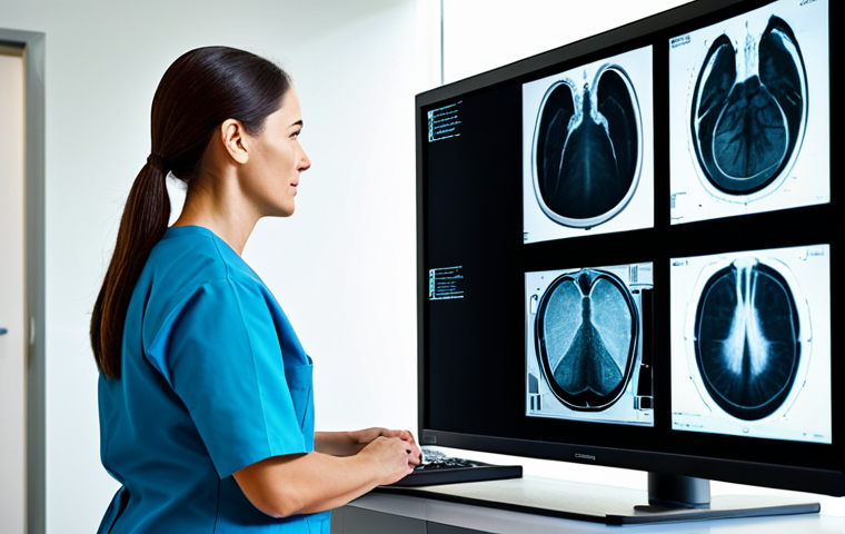 **
"A professional female radiologist in a modern, brightly lit hospital examination room, reviewing a digital X-ray image on a large monitor, fully clothed in scrubs, appropriate attire, safe for work, perfect anatomy, natural proportions, professional photograph, high quality, family-friendly."
**