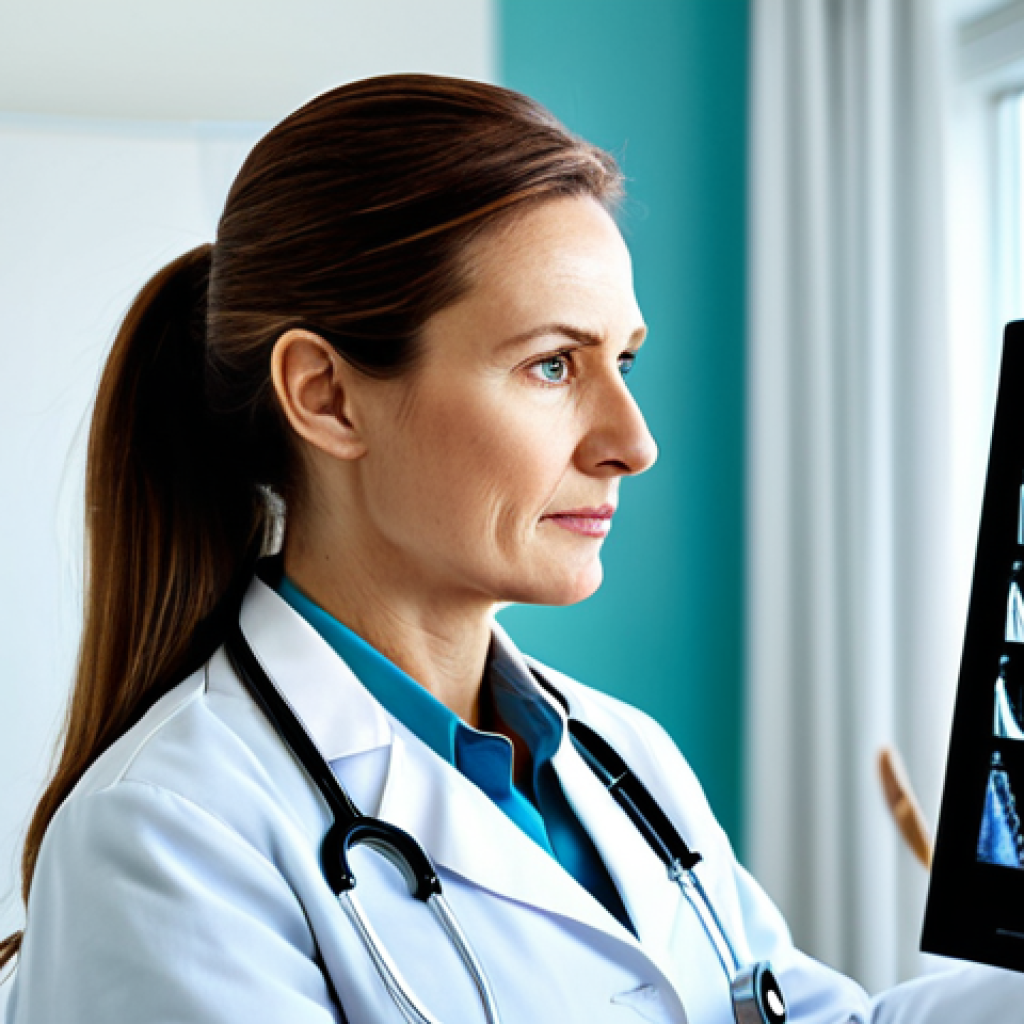 방사선사 법적 책임 이해 - "A professional female doctor wearing a white coat and stethoscope, examining an X-ray film in a bri...