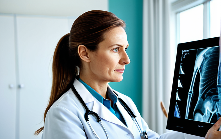 방사선사 법적 책임 이해 - "A professional female doctor wearing a white coat and stethoscope, examining an X-ray film in a bri...