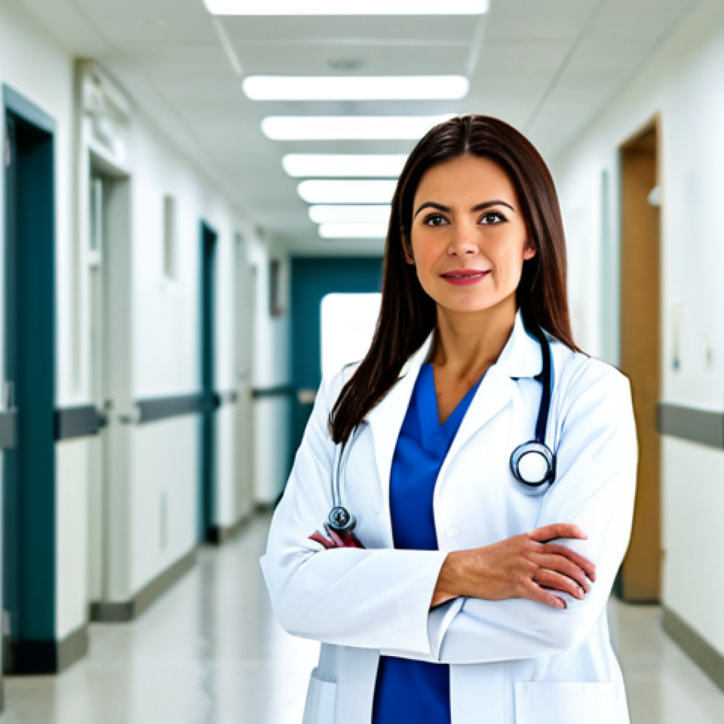 방사선사 연봉 협상 팁 - **
A confident female doctor in a white coat, fully clothed, standing in a brightly lit, modern hos...