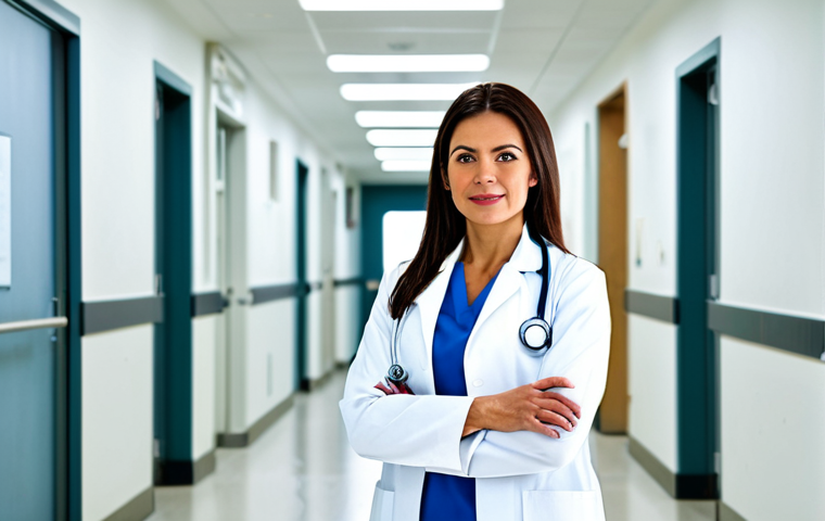 방사선사 연봉 협상 팁 - **
A confident female doctor in a white coat, fully clothed, standing in a brightly lit, modern hos...