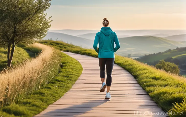 방사선사와 빅데이터 분석 - One pathway shows a stylized figure (gender-neutral, wearing casual clothes) engaged in a healthy ac...