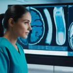 방사선사 실습 병원 선택 팁 - **Prompt: "A futuristic and exceptionally clean radiology suite with a young, focused female radiolo...