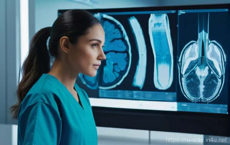 방사선사 실습 병원 선택 팁 - **Prompt: "A futuristic and exceptionally clean radiology suite with a young, focused female radiolo...