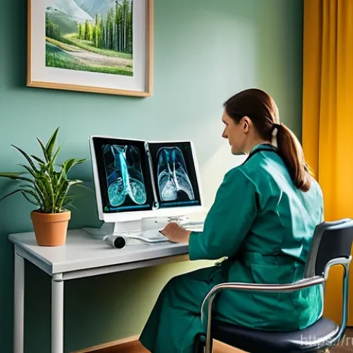 방사선사 비대면 업무 사례 - **Prompt:** A serene, sunlit home office with large windows overlooking a tranquil sea view or a lus...