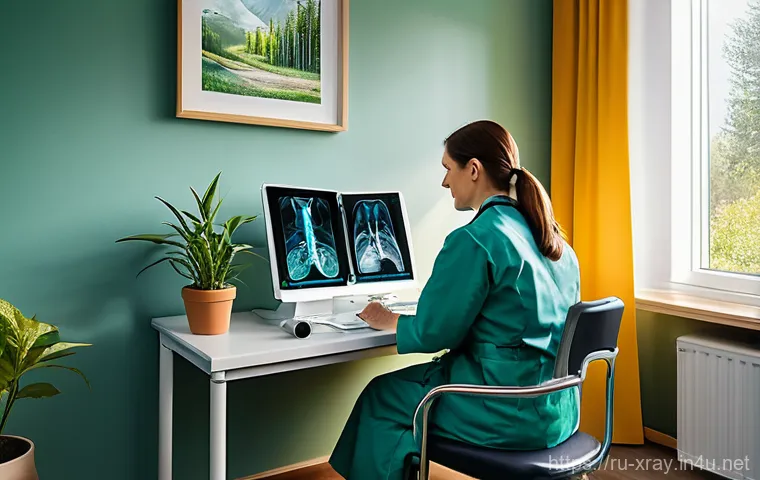 방사선사 비대면 업무 사례 - **Prompt:** A serene, sunlit home office with large windows overlooking a tranquil sea view or a lus...