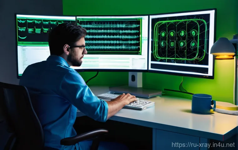 방사선사 비대면 업무 사례 - **Prompt:** A highly advanced, futuristic radiology control room, dimly lit with cool blue and white... 방사선사 비대면 업무 사례 - **Prompt:** A highly advanced, futuristic radiology control room, dimly lit with cool blue and white...