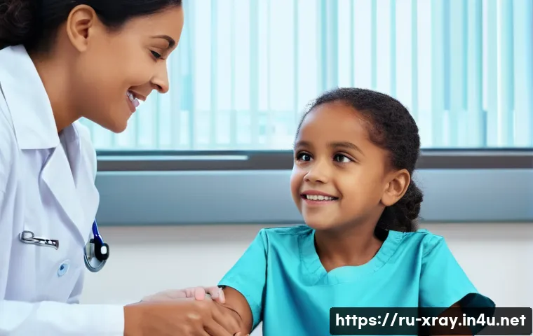 방사선사 윤리 교육 필요성 - A compassionate female radiologist, in her late 30s, with a warm and reassuring smile, is seated acr...