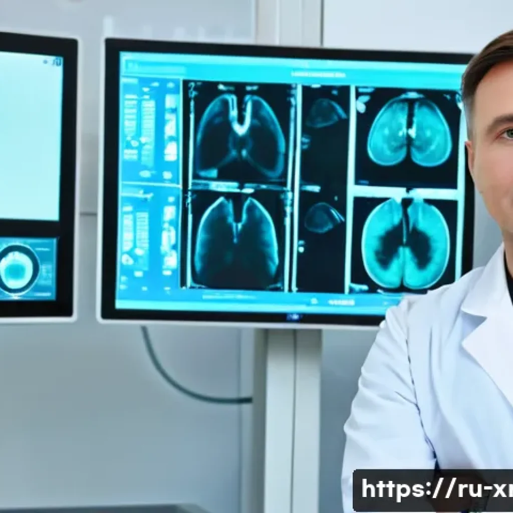 방사선사 경력증명서 준비 방법 - A professional radiologist in a modern Russian hospital radiology department, wearing a white lab co...