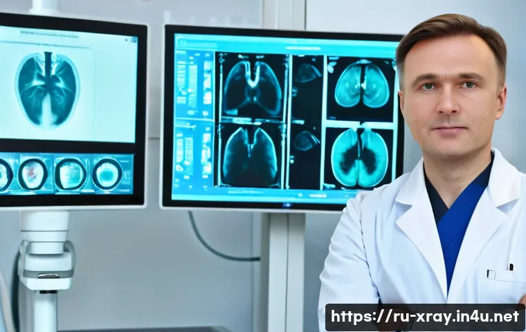 방사선사 경력증명서 준비 방법 - A professional radiologist in a modern Russian hospital radiology department, wearing a white lab co...