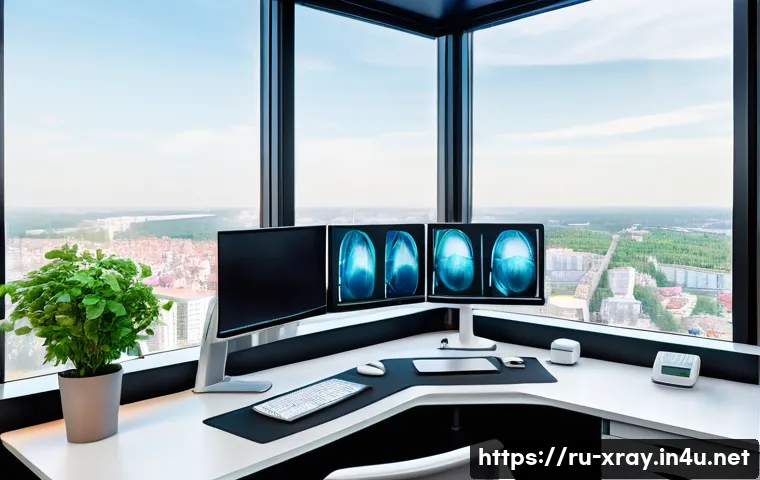방사선사 워라밸 실현 방법 - A modern radiologist’s workspace featuring ergonomic design: a comfortable adjustable chair, dual hi...