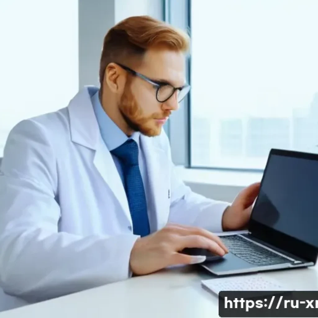 방사선사 자격증 유효기간 관리 - A professional Russian radiologist sitting at a modern desk in a bright office, focused on a sleek l...