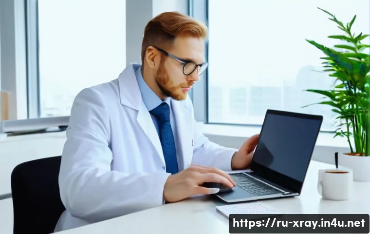 방사선사 자격증 유효기간 관리 - A professional Russian radiologist sitting at a modern desk in a bright office, focused on a sleek l...