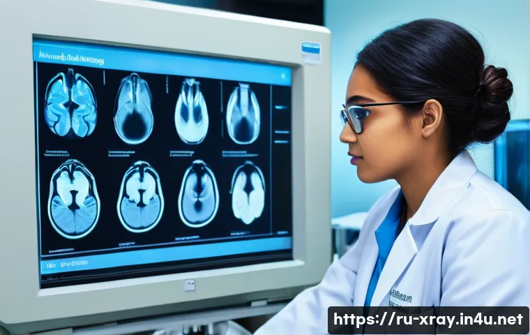 방사선사 실습 경험 공유 - A detailed and realistic hospital radiology room featuring advanced MRI and CT scanners, with a youn...