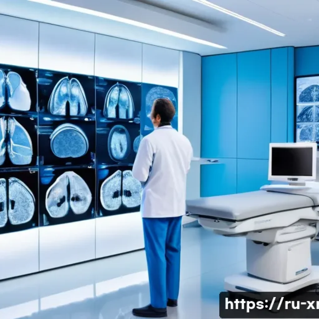 방사선사 최신 연구 트렌드 - A futuristic radiology laboratory featuring advanced multi-slice CT and MRI machines with glowing di...