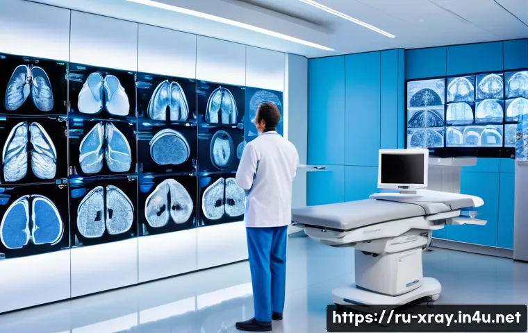 방사선사 최신 연구 트렌드 - A futuristic radiology laboratory featuring advanced multi-slice CT and MRI machines with glowing di...