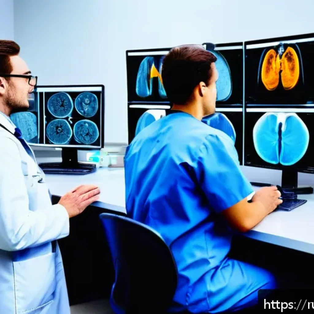 방사선사와 협력 의료진 업무 공유 - A modern hospital radiology department scene showing a diverse team of radiologists and treating phy...
