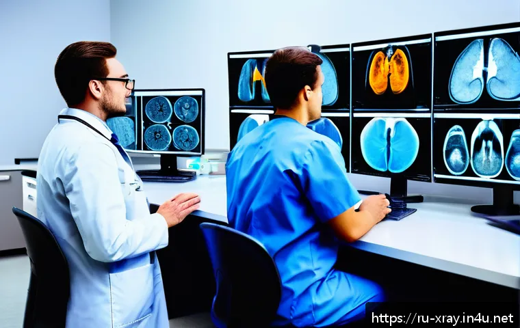 방사선사와 협력 의료진 업무 공유 - A modern hospital radiology department scene showing a diverse team of radiologists and treating phy...