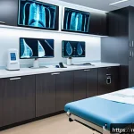 Home 22 방사선사 경력 10년 후기 - A modern radiology clinic interior featuring advanced digital X-ray equipment with a sleek touchscre...