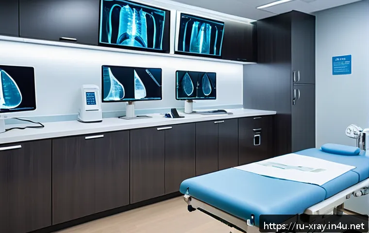 방사선사 경력 10년 후기 - A modern radiology clinic interior featuring advanced digital X-ray equipment with a sleek touchscre...