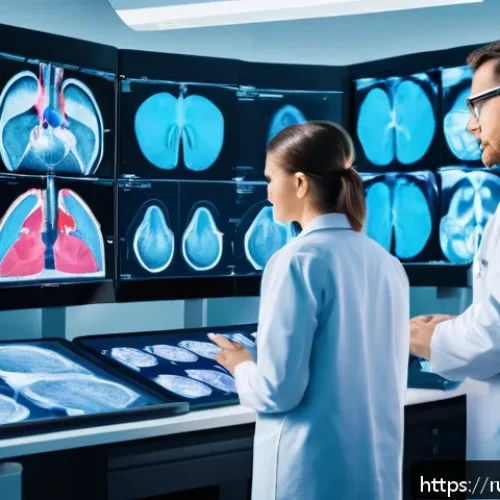 Home 33 방사선사와 IT 융합 사례 - A modern radiology laboratory with advanced AI-powered medical imaging equipment, showing a diverse ...
