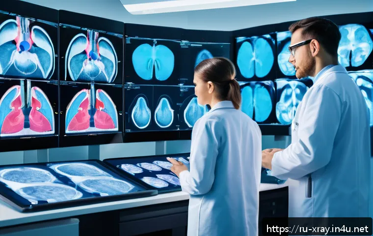 방사선사와 IT 융합 사례 - A modern radiology laboratory with advanced AI-powered medical imaging equipment, showing a diverse ...
