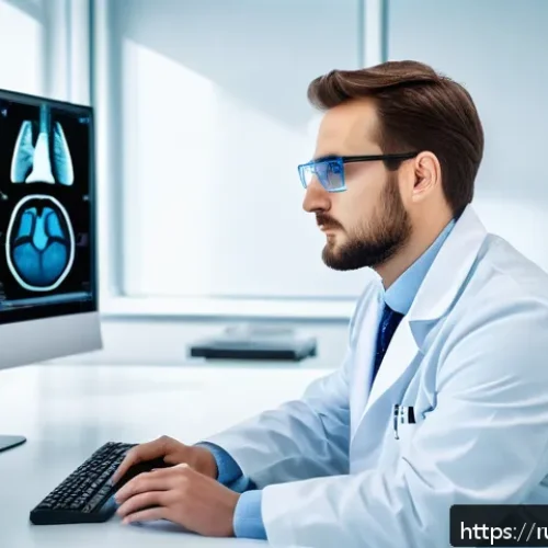Home 32 방사선사 이직 준비 방법 - A professional radiologist in a modern Moscow clinic, wearing a clean white lab coat and protective ...