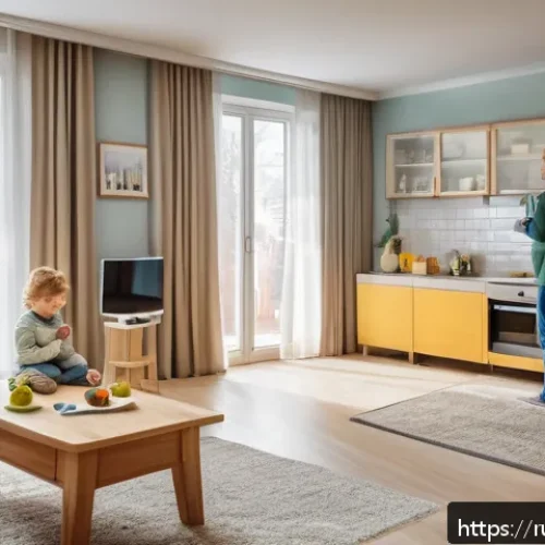 Home 31 방사선 피폭 관리 방법 - A detailed indoor scene of a modern Russian living room emphasizing radiation protection: sturdy gra...