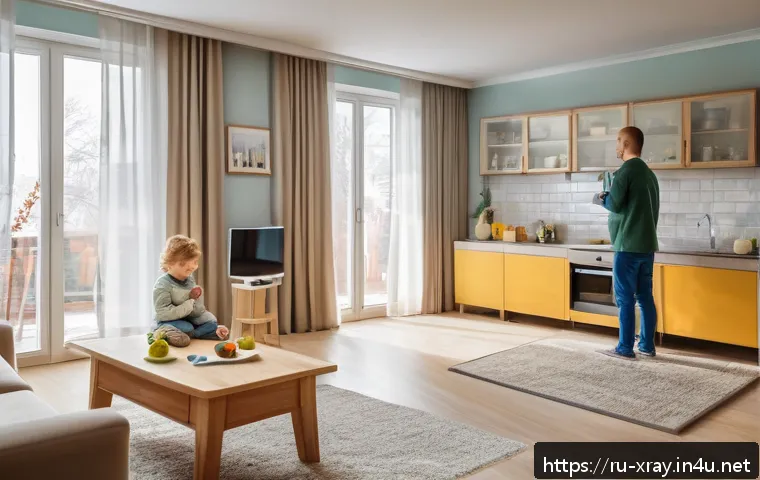 방사선 피폭 관리 방법 - A detailed indoor scene of a modern Russian living room emphasizing radiation protection: sturdy gra...