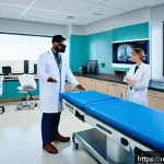 Home 18 방사선사 교육 프로그램 개발 - A modern radiology training classroom featuring diverse medical professionals engaged with advanced ...