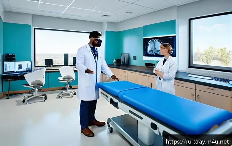 방사선사 교육 프로그램 개발 - A modern radiology training classroom featuring diverse medical professionals engaged with advanced ...