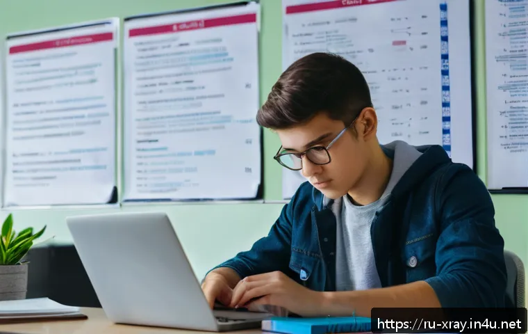 방사선사 실기시험 팁 - A focused study scene featuring a young adult Russian student sitting at a modern desk in a cozy, we...
