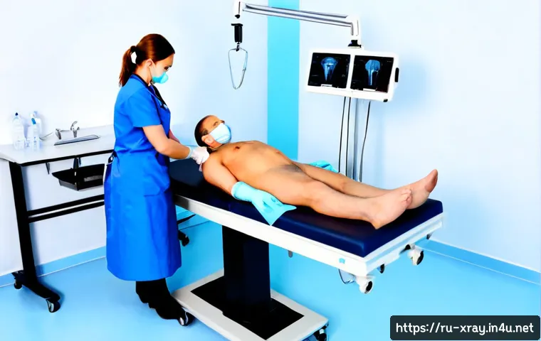 Home 17 방사선사 업무 중 사고 예방 - Photorealistic Russian hospital radiology department, adult radiologic technologist in full protecti...